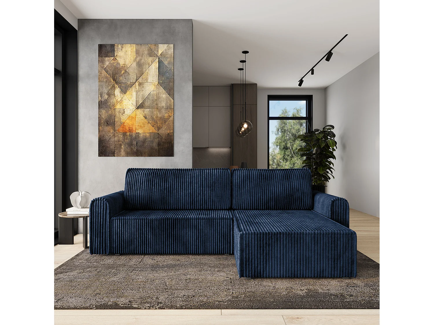 Hoekbank VALTINO van fluweel met slaapfunctie Blau