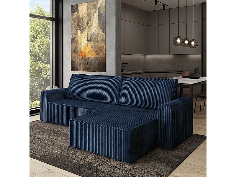 Hoekbank VALTINO van fluweel met slaapfunctie Blau