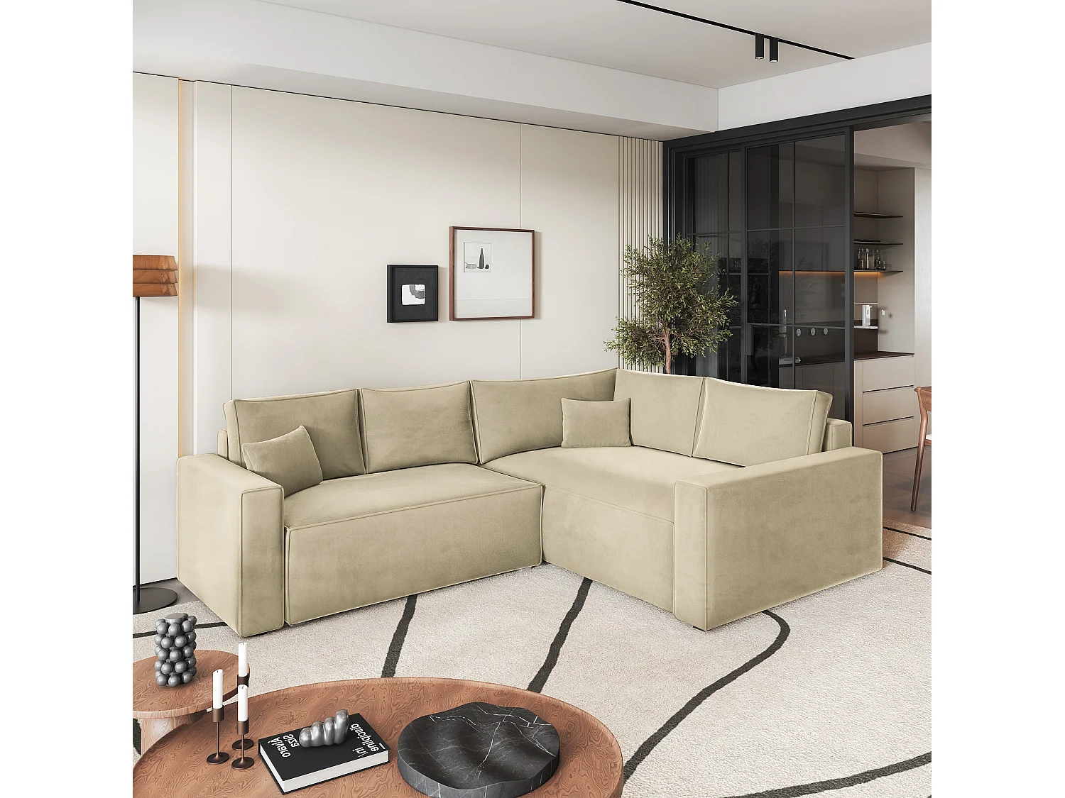 Hoekbank ERONIS van fluweel met slaapfunctie Creme