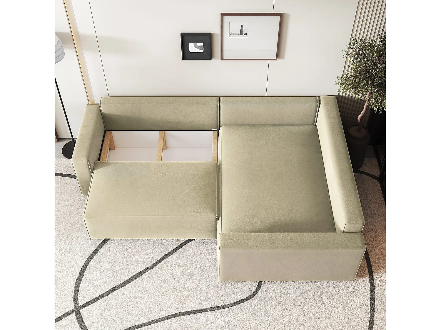 Canapé D'angle Eronis Crème En Velours Avec Fonction De Couchage