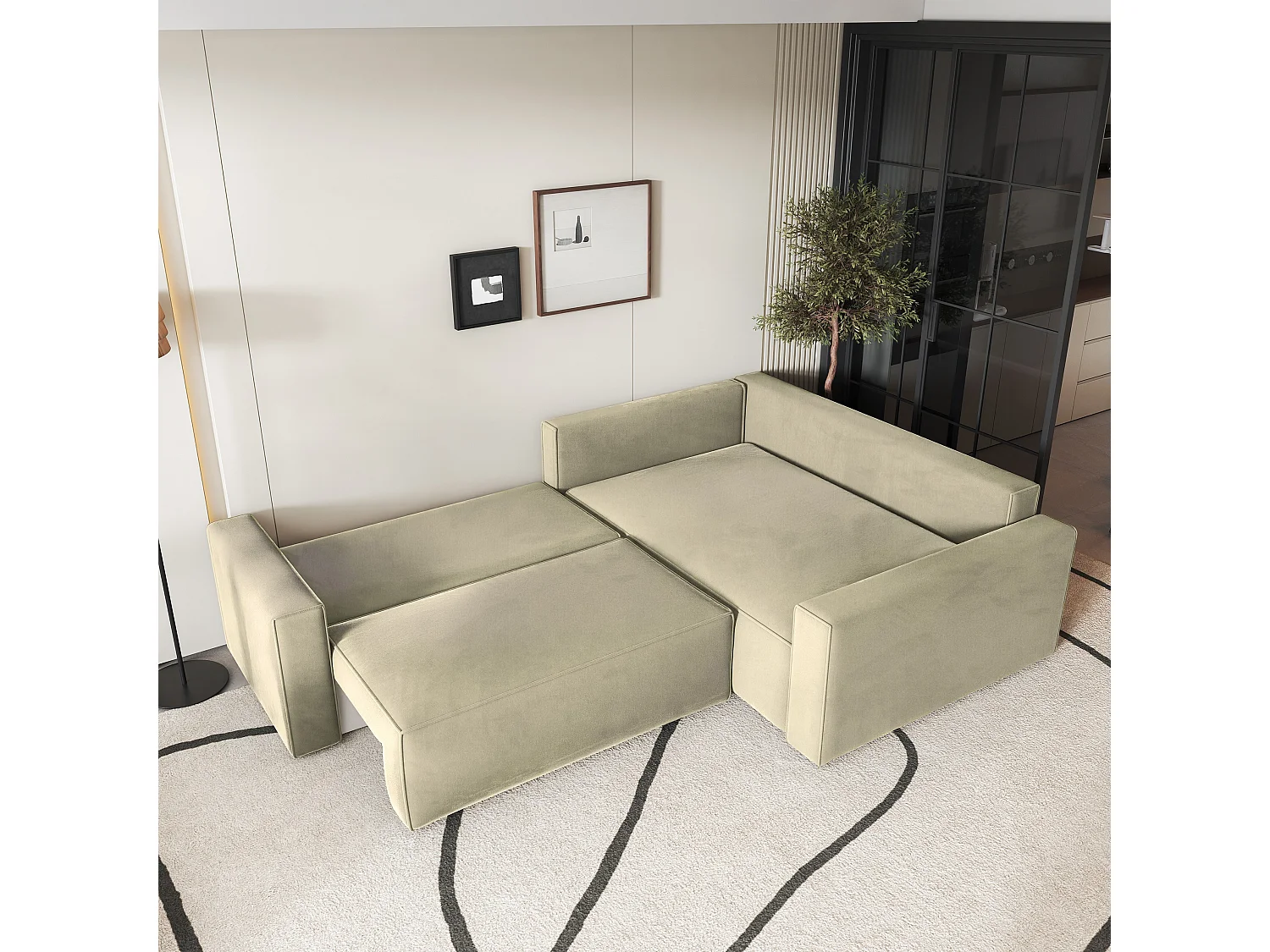 Canapé D'angle Eronis Crème En Velours Avec Fonction De Couchage