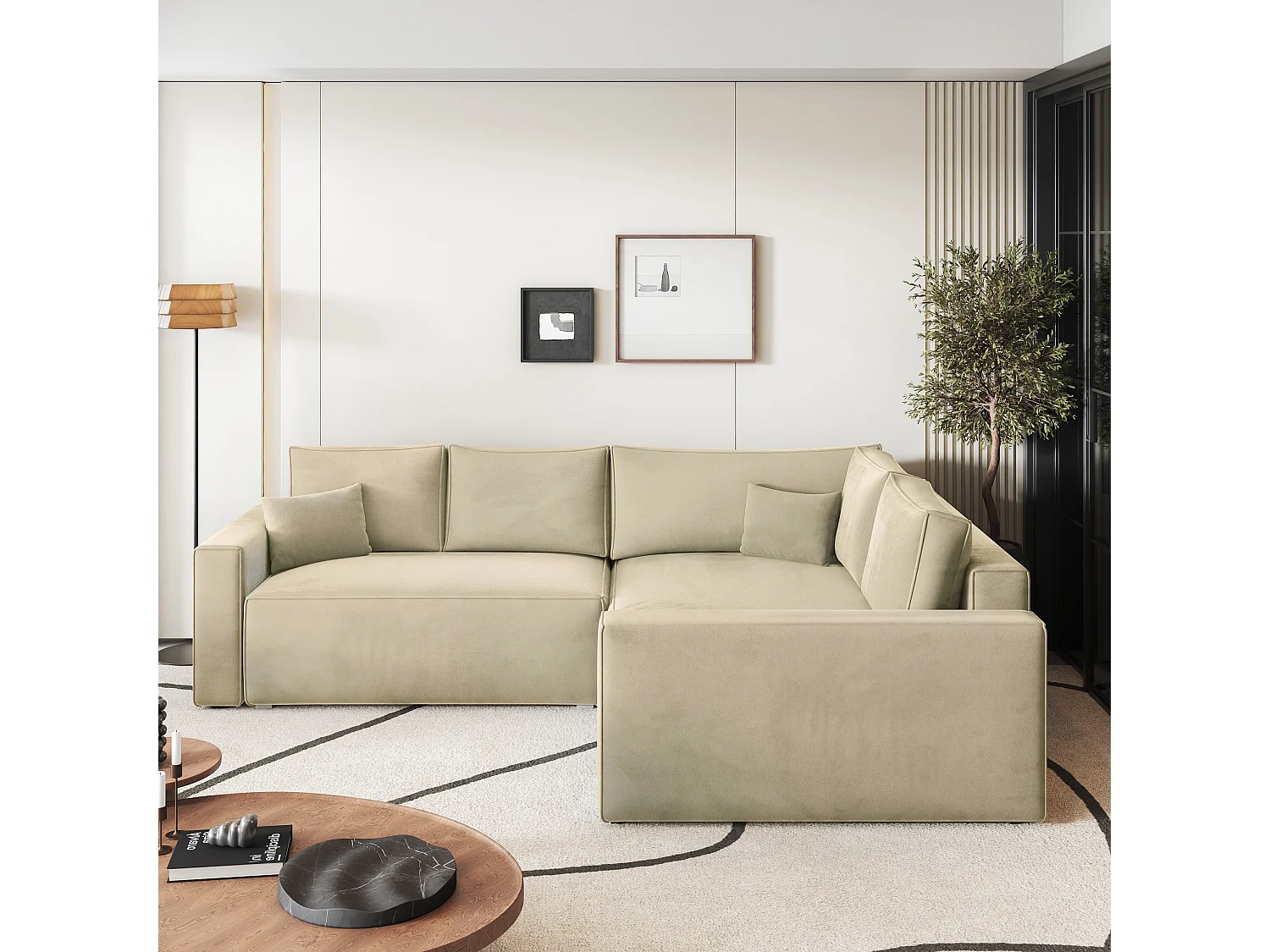 Canapé D'angle Eronis Crème En Velours Avec Fonction De Couchage