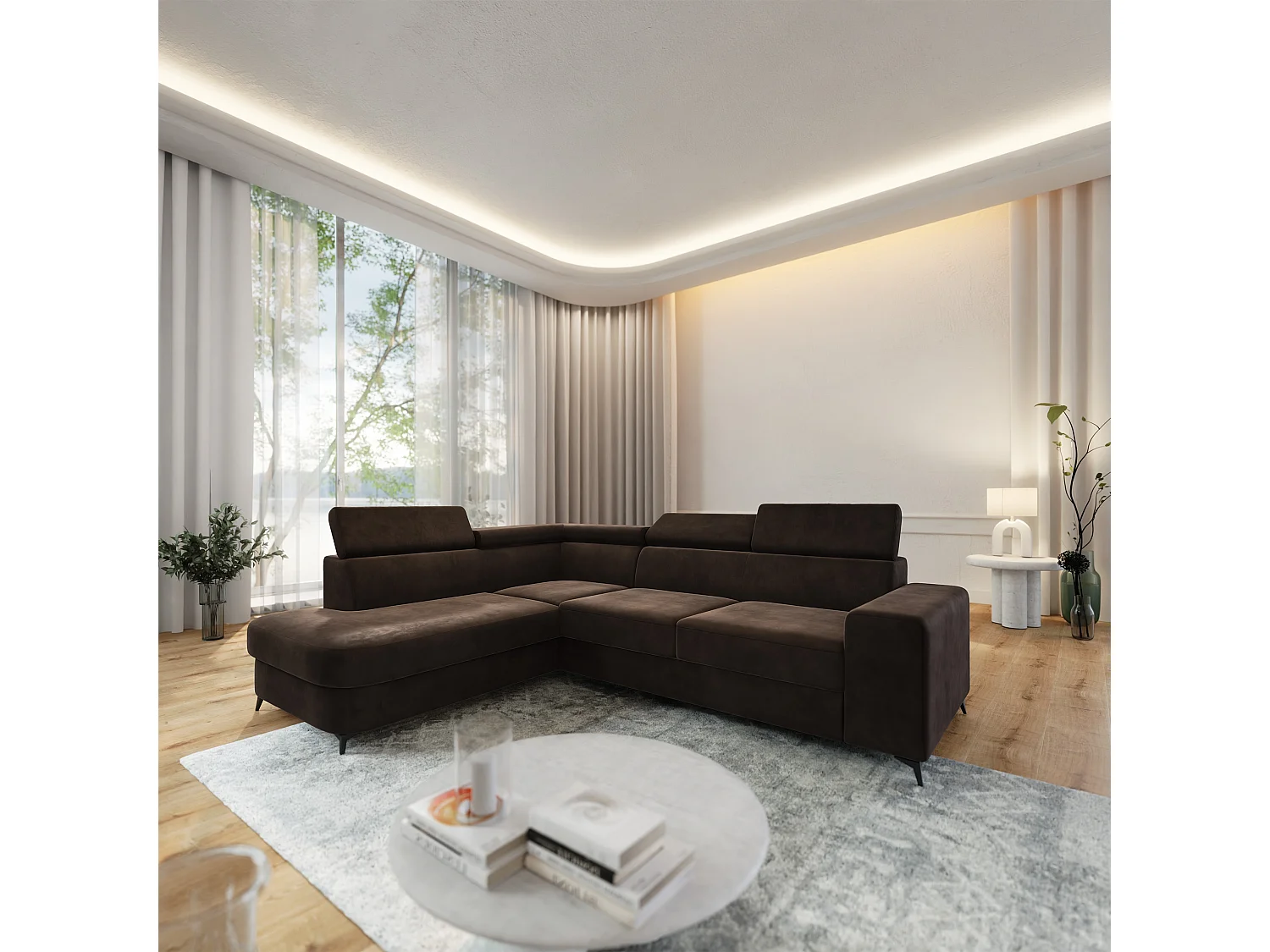 Hoekbank ALVORO van fluweel met slaapfunctie Braun