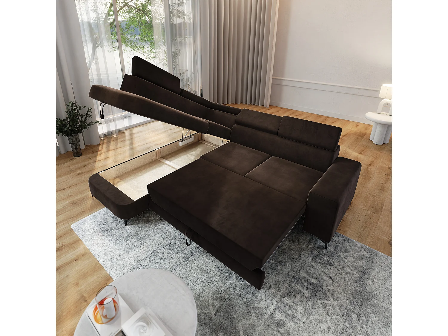 Hoekbank ALVORO van fluweel met slaapfunctie Braun