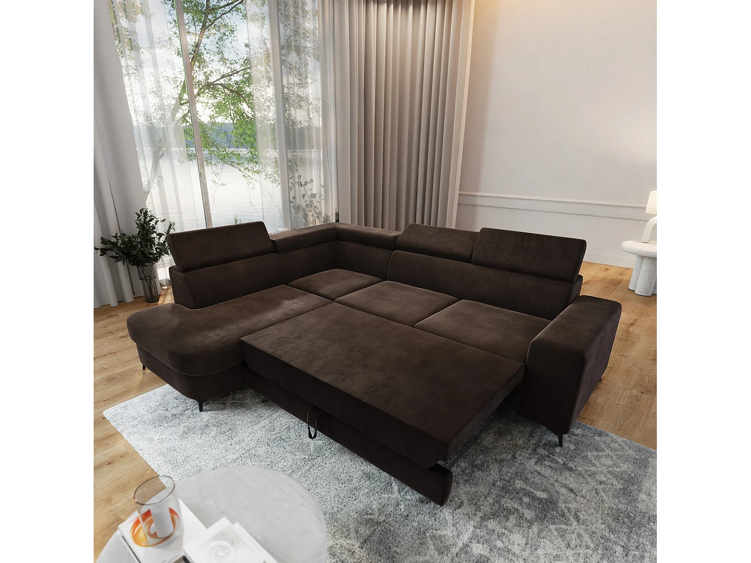 Hoekbank ALVORO van fluweel met slaapfunctie Braun