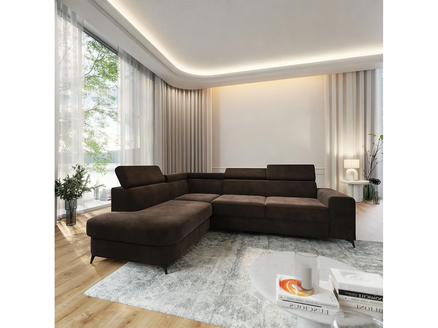 Hoekbank ALVORO van fluweel met slaapfunctie Braun