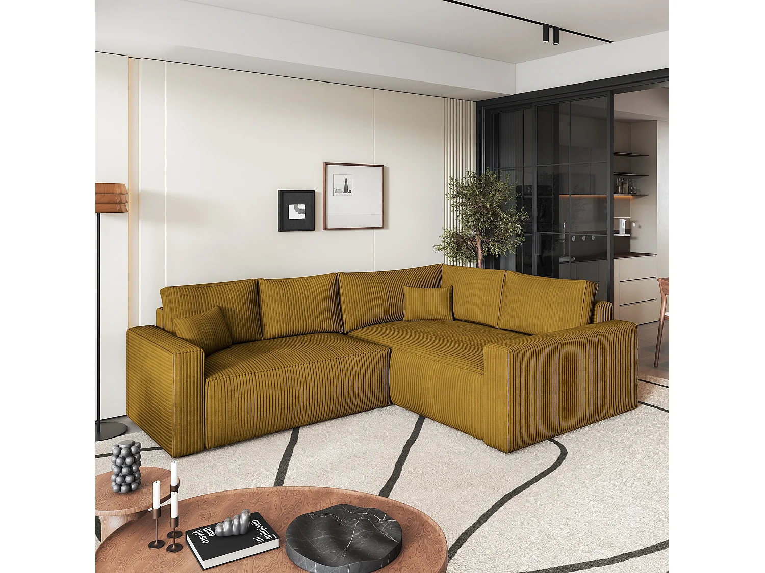 Canapé D'angle Eronis Jaune En Velours Côtelé Avec Fonction De Couchage