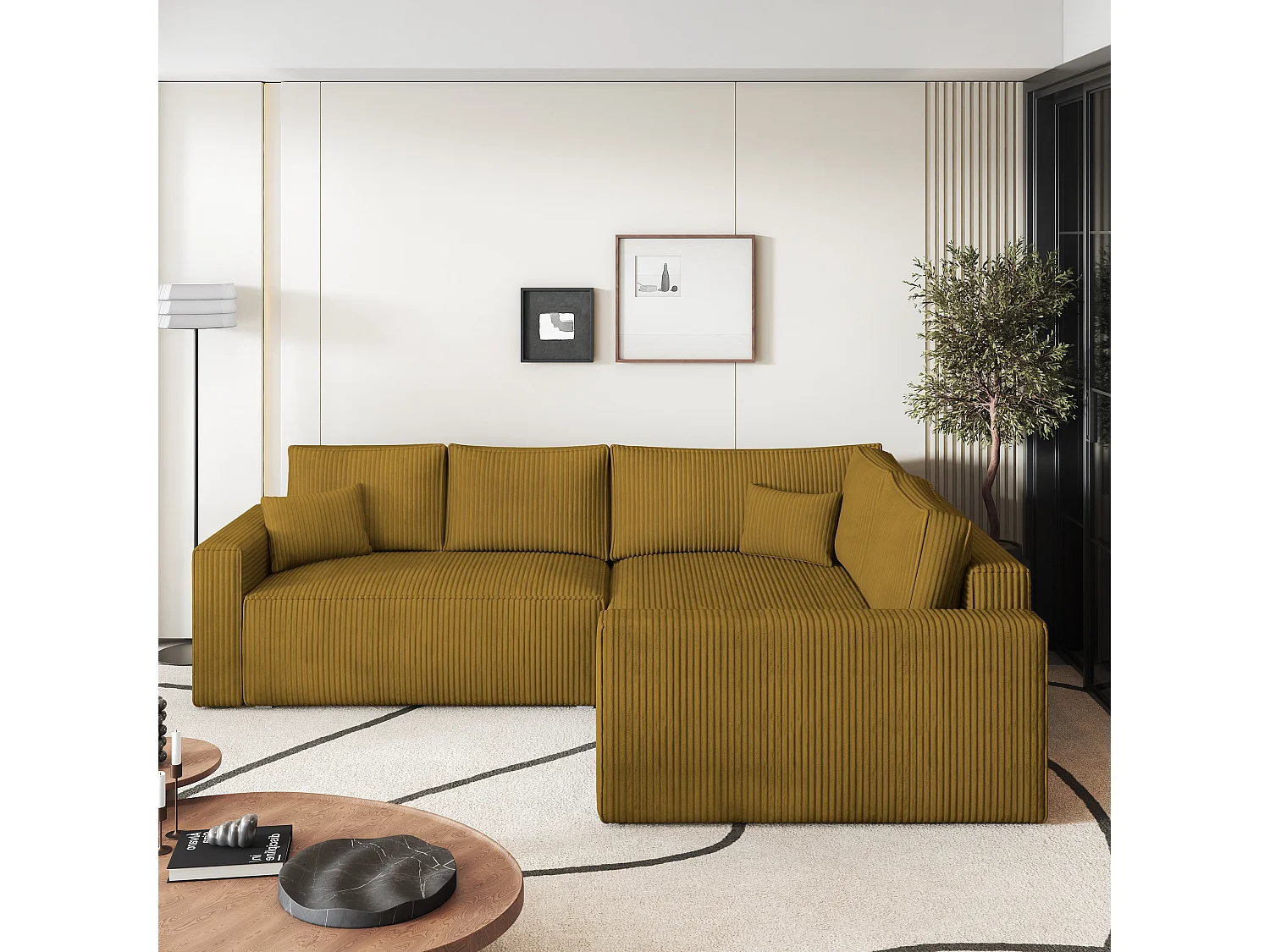 Canapé D'angle Eronis Jaune En Velours Côtelé Avec Fonction De Couchage