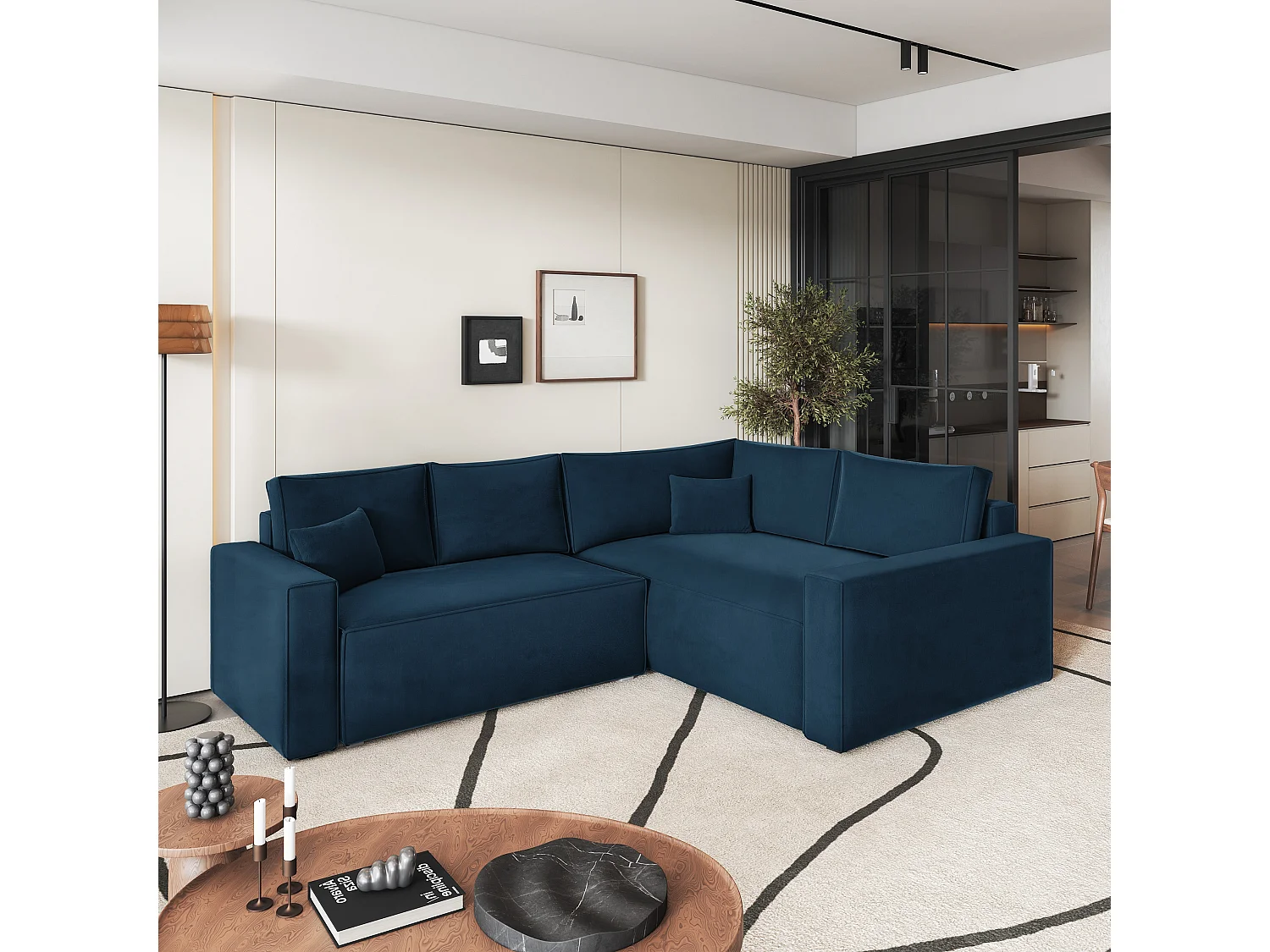 Canapé D'angle Eronis Bleu En Velours Avec Fonction De Couchage