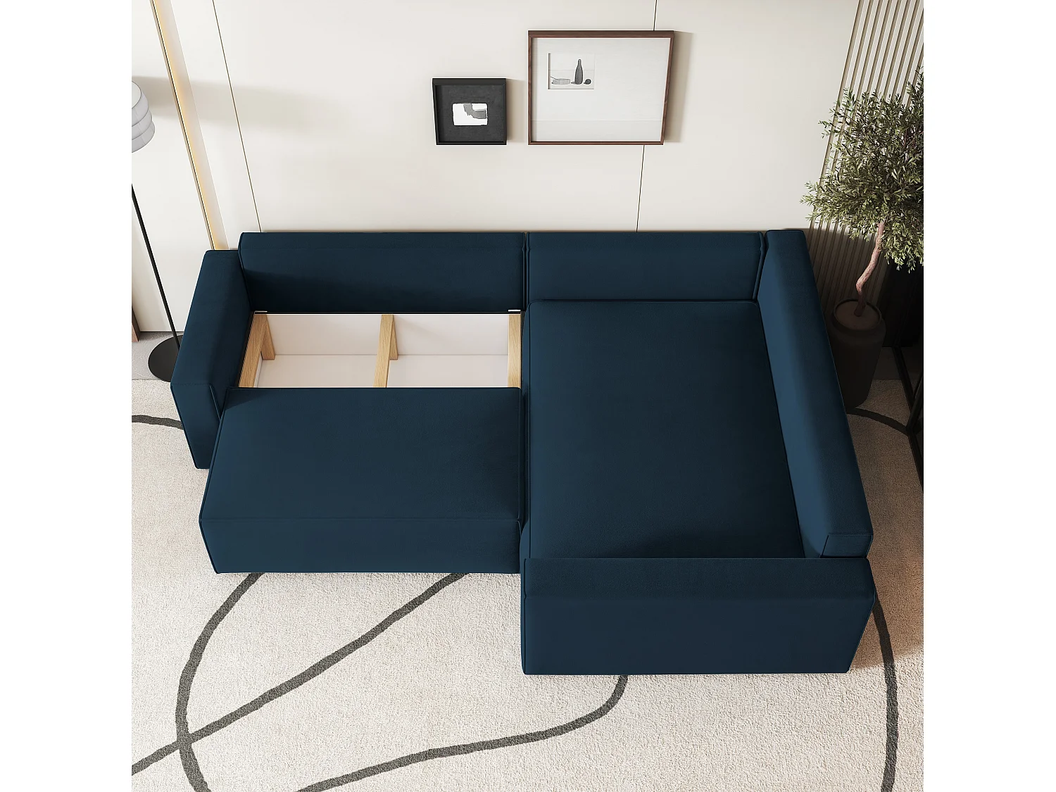 Canapé D'angle Eronis Bleu En Velours Avec Fonction De Couchage