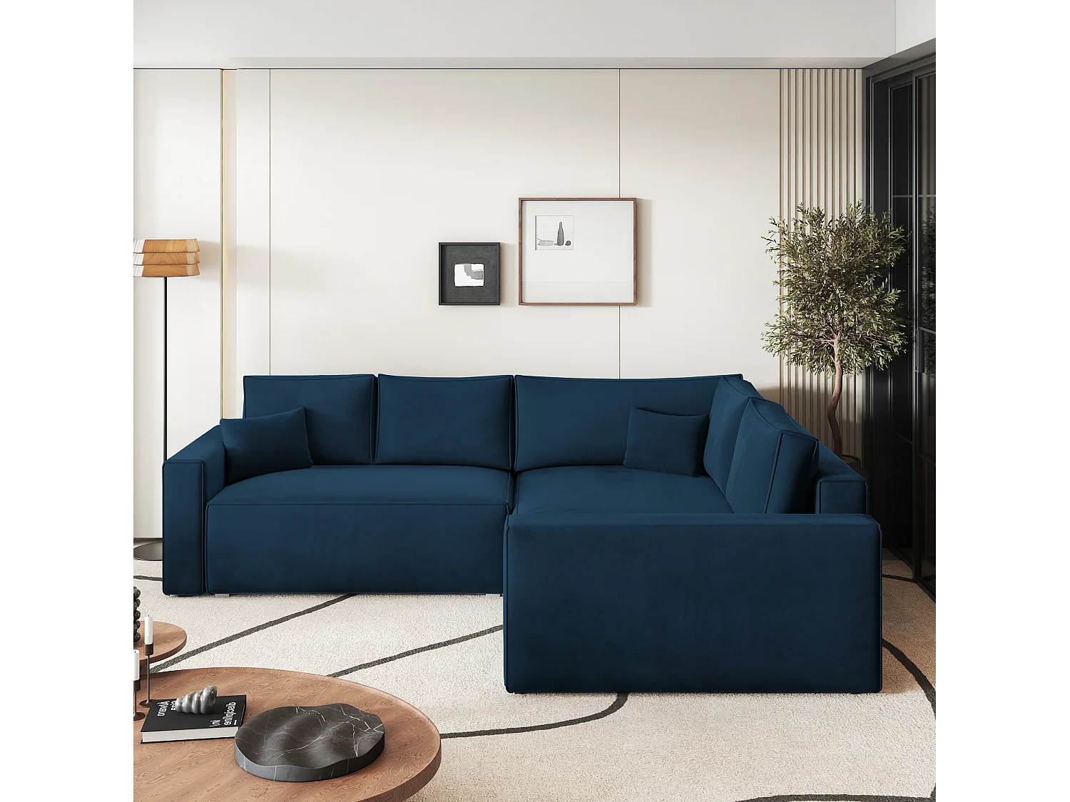 Canapé D'angle Eronis Bleu En Velours Avec Fonction De Couchage