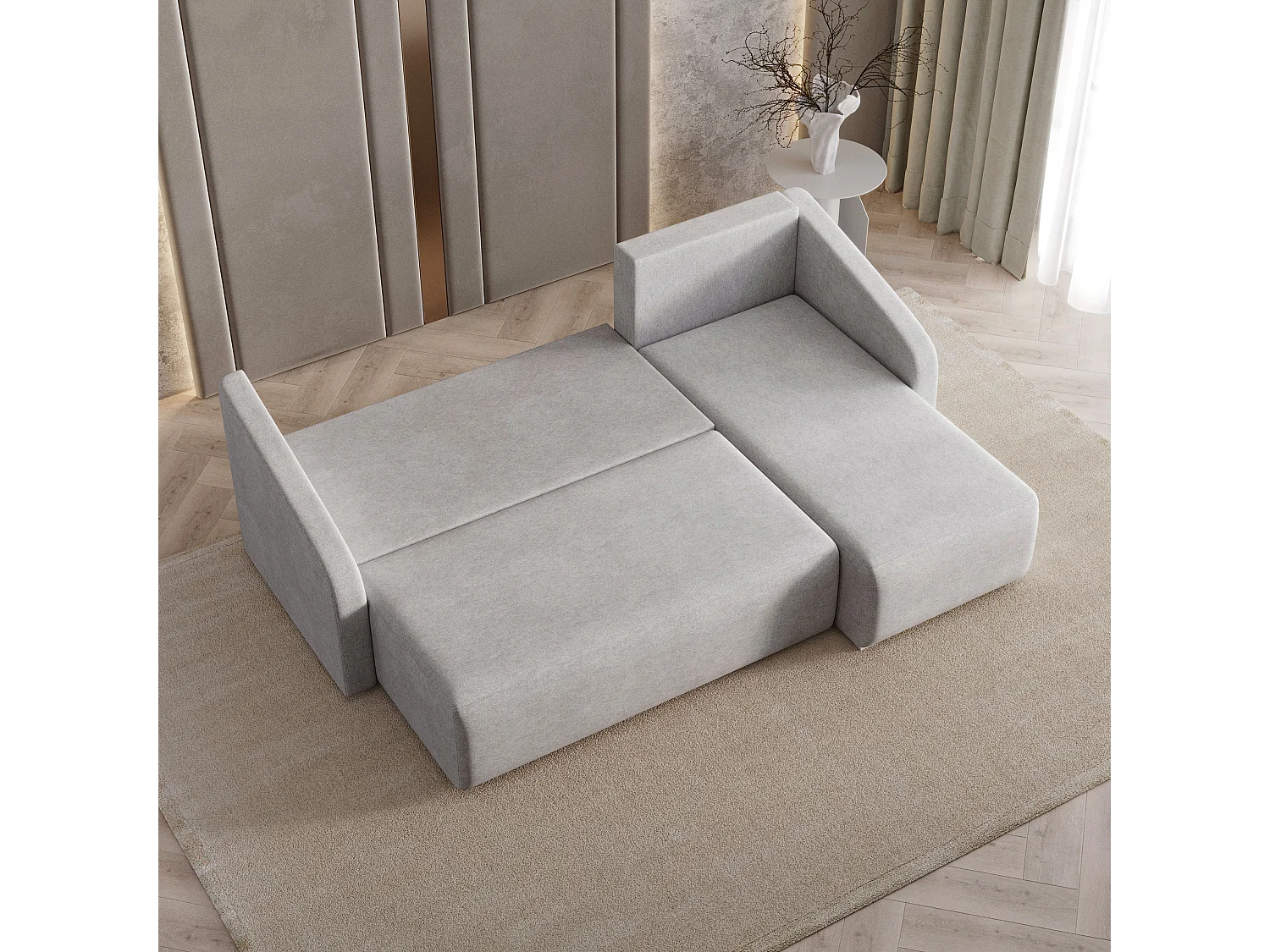 Hoekbank MARELLO van fluweel met slaapfunctie Hellgrau