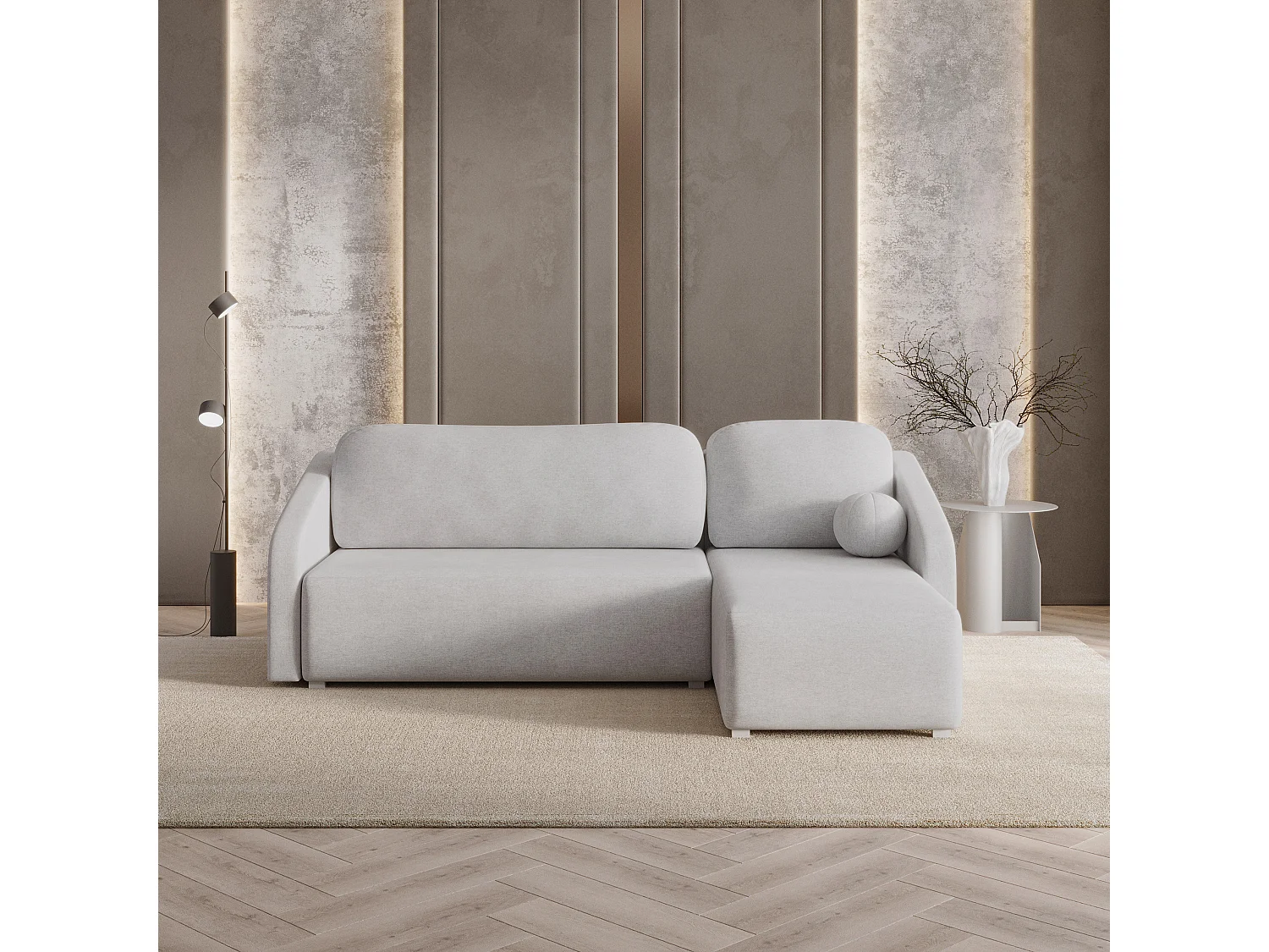 Hoekbank MARELLO van fluweel met slaapfunctie Hellgrau