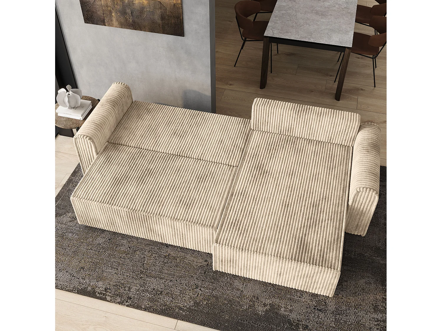 Hoekbank VALTINO van fluweel met slaapfunctie Creme