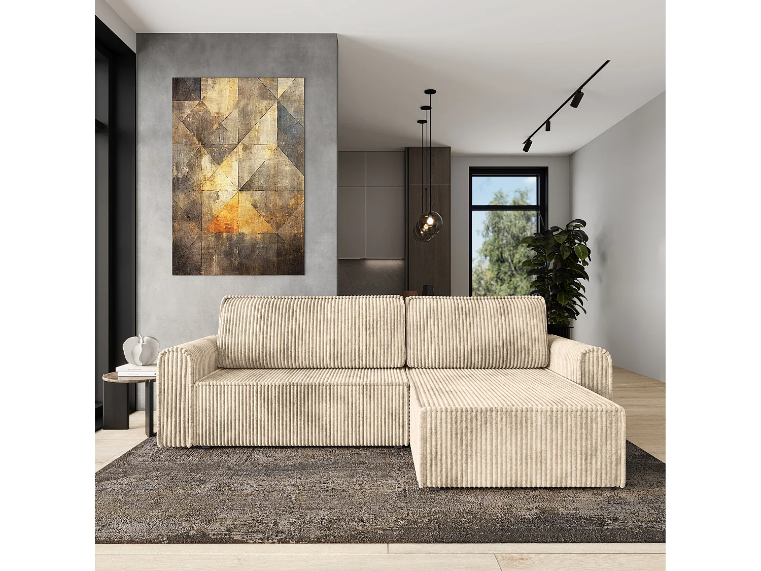 Hoekbank VALTINO van fluweel met slaapfunctie Creme