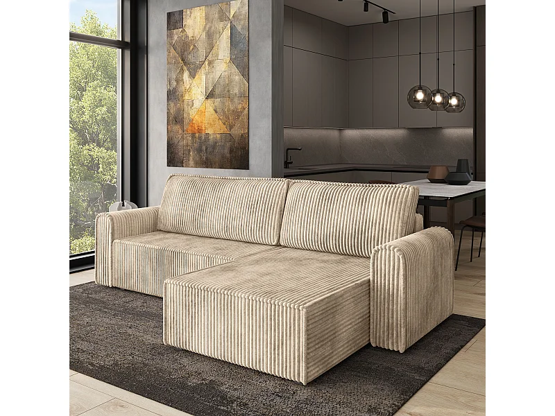 Hoekbank VALTINO van fluweel met slaapfunctie Creme