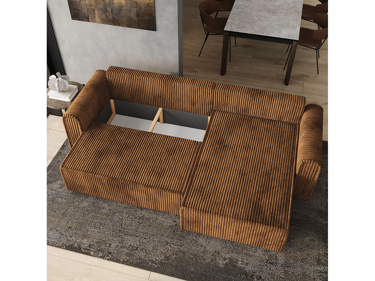 Hoekbank VALTINO van fluweel met slaapfunctie Orange