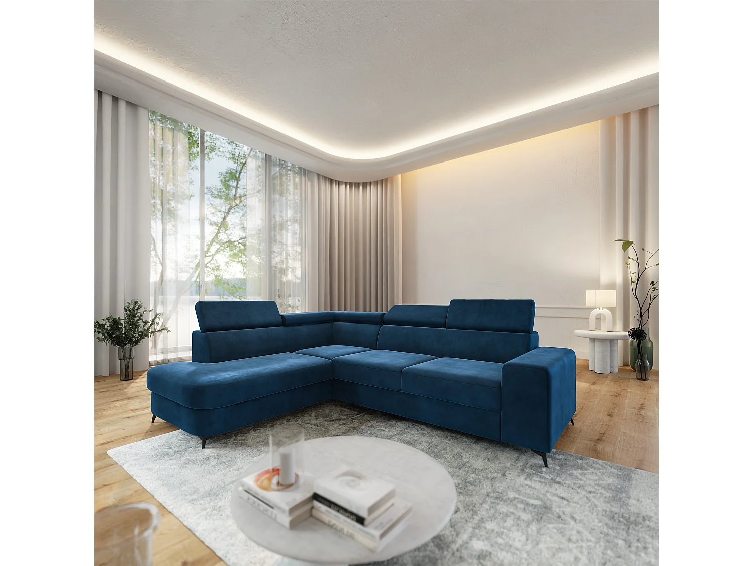Hoekbank ALVORO van fluweel met slaapfunctie Blau
