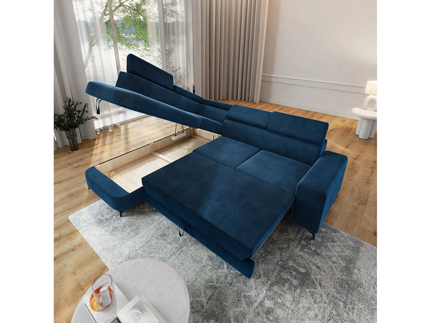 Hoekbank ALVORO van fluweel met slaapfunctie Blau