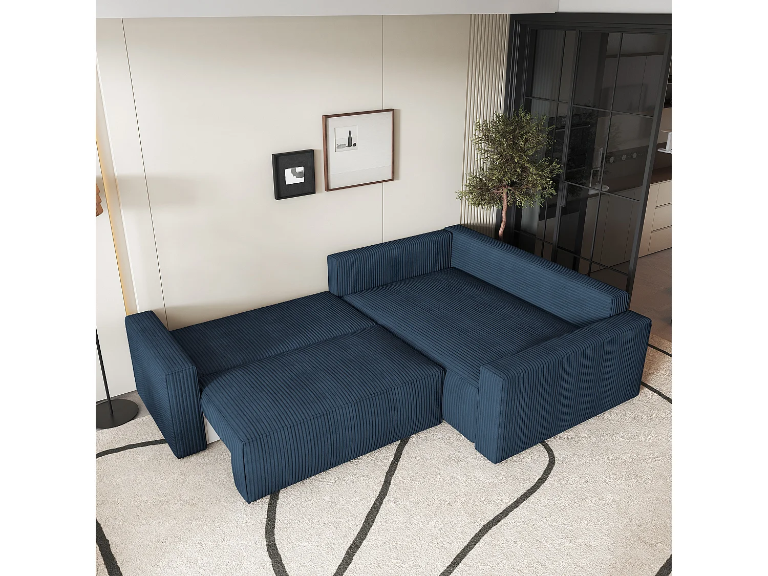 Canapé D'angle Eronis Bleu En Velours Côtelé Avec Fonction De Couchage