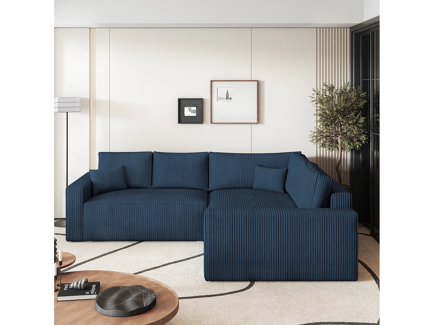 Canapé D'angle Eronis Bleu En Velours Côtelé Avec Fonction De Couchage