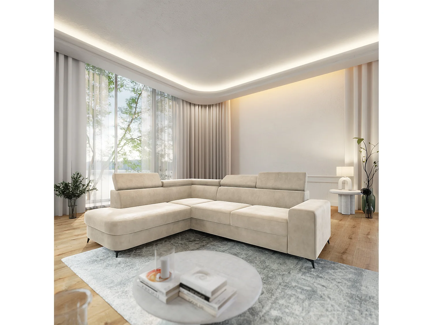 Hoekbank ALVORO van fluweel met slaapfunctie Creme
