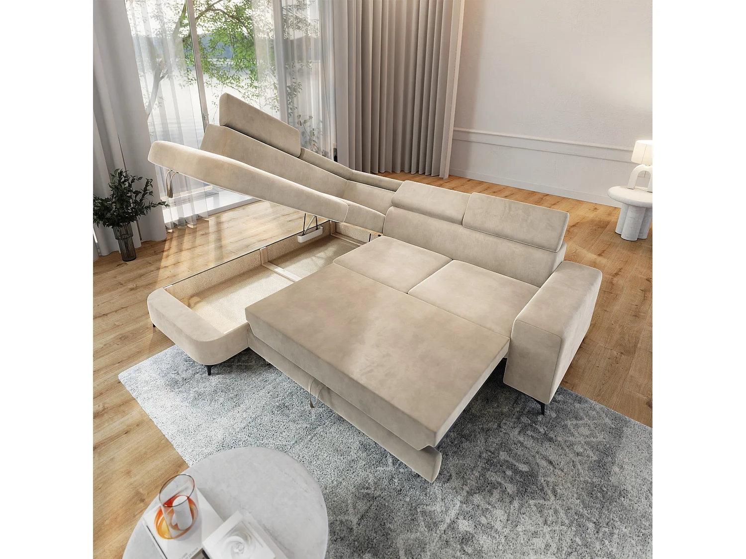Hoekbank ALVORO van fluweel met slaapfunctie Creme