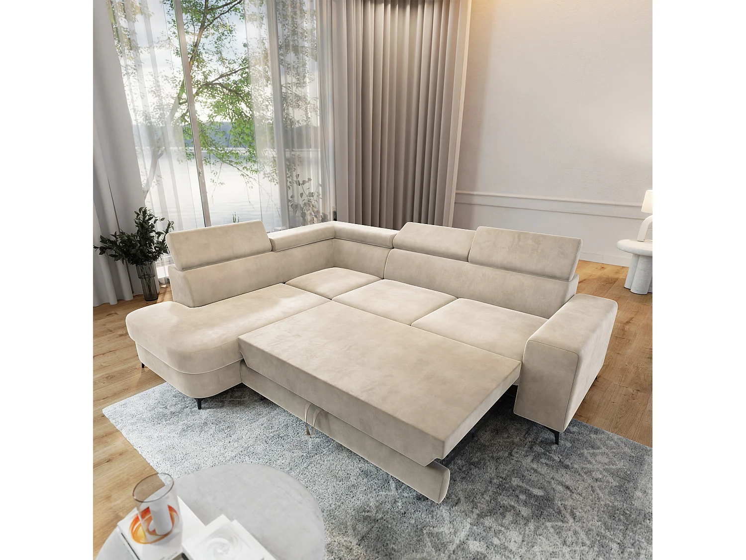 Hoekbank ALVORO van fluweel met slaapfunctie Creme