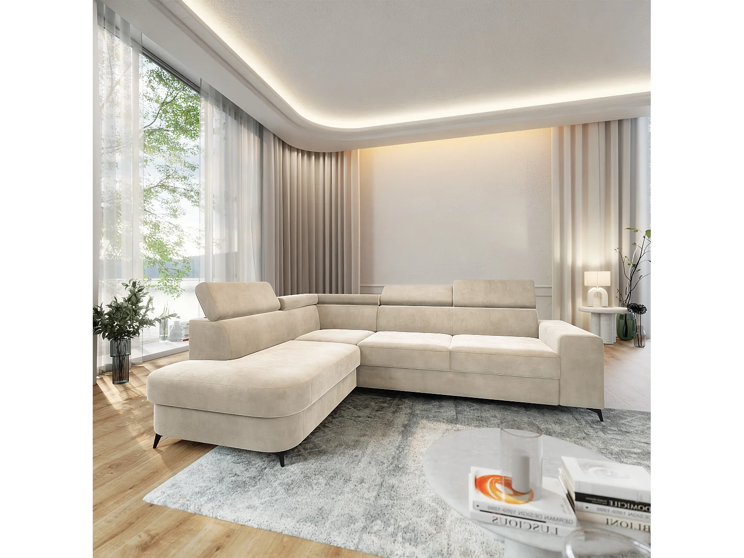 Hoekbank ALVORO van fluweel met slaapfunctie Creme