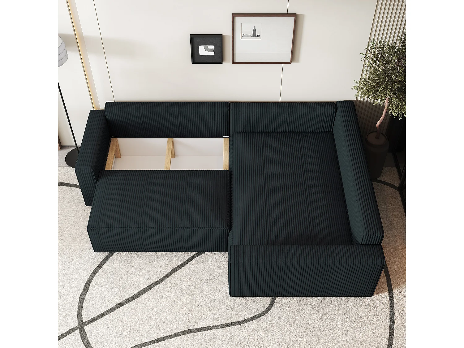 Canapé D'angle Eronis Noir En Velours Côtelé Avec Fonction De Couchage