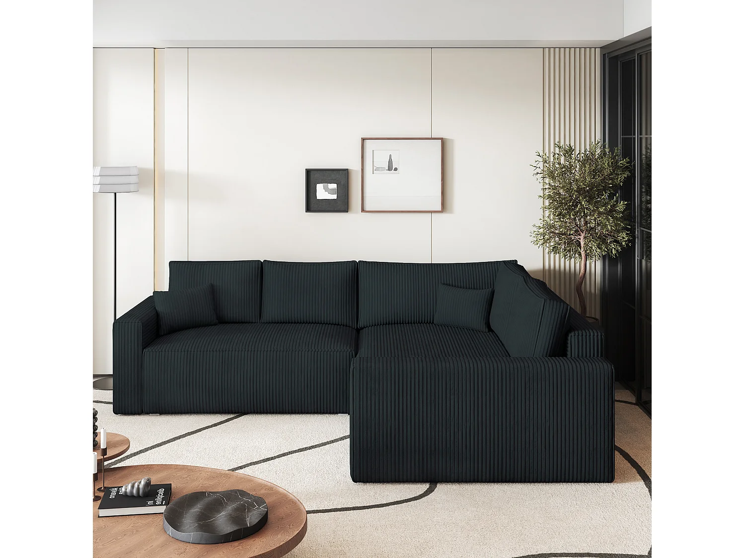 Canapé D'angle Eronis Noir En Velours Côtelé Avec Fonction De Couchage