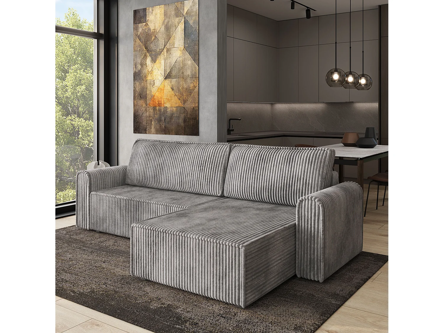 Hoekbank VALTINO van fluweel met slaapfunctie Hellgrau