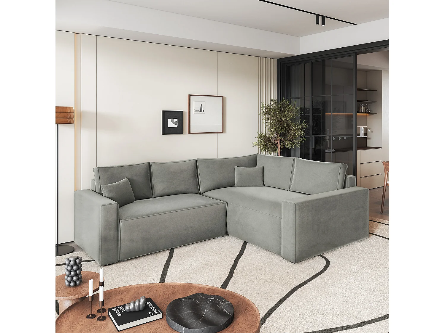 Canapé D'angle Eronis Gris Clair En Velours Avec Fonction De Couchage