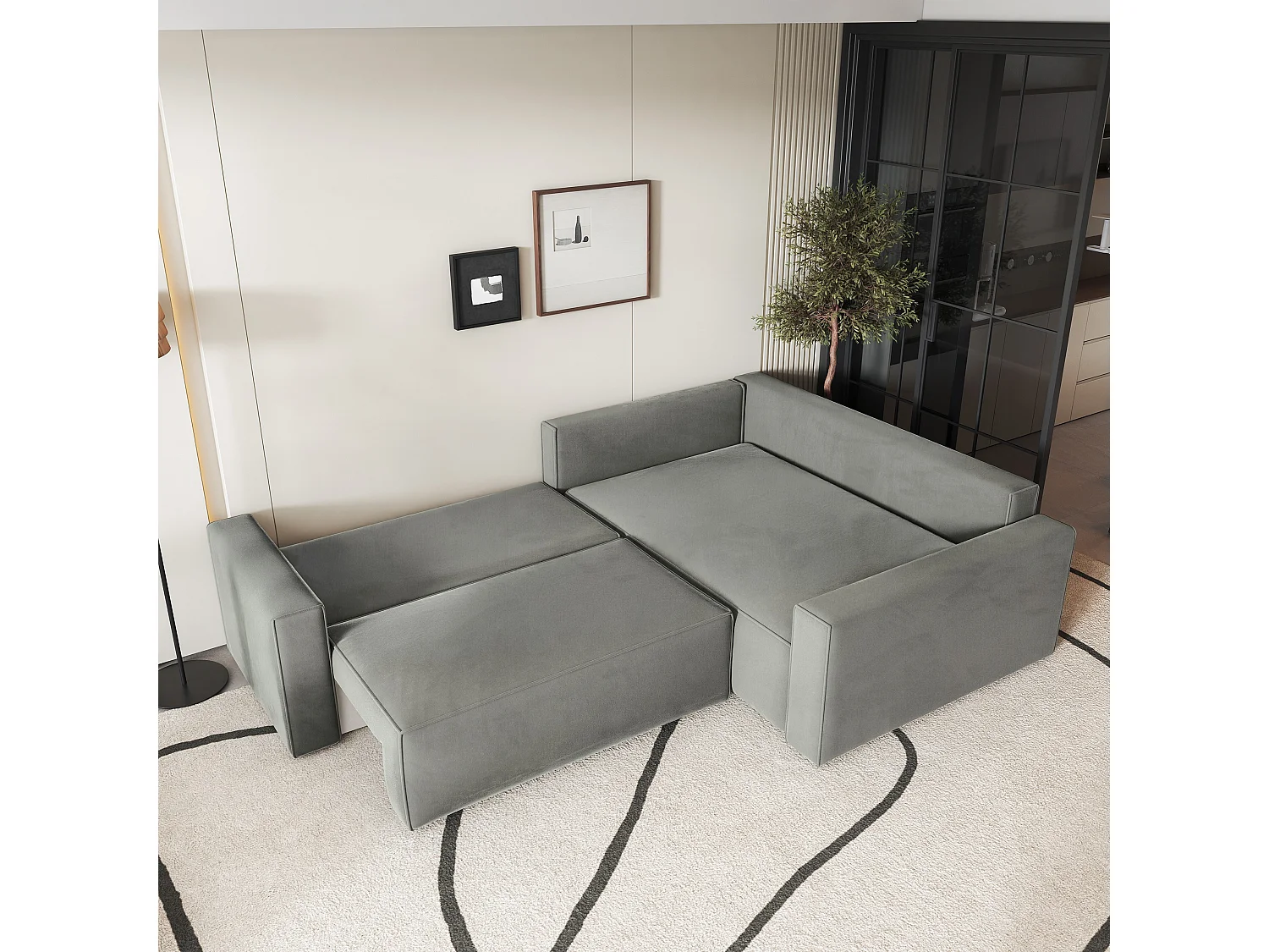 Canapé D'angle Eronis Gris Clair En Velours Avec Fonction De Couchage