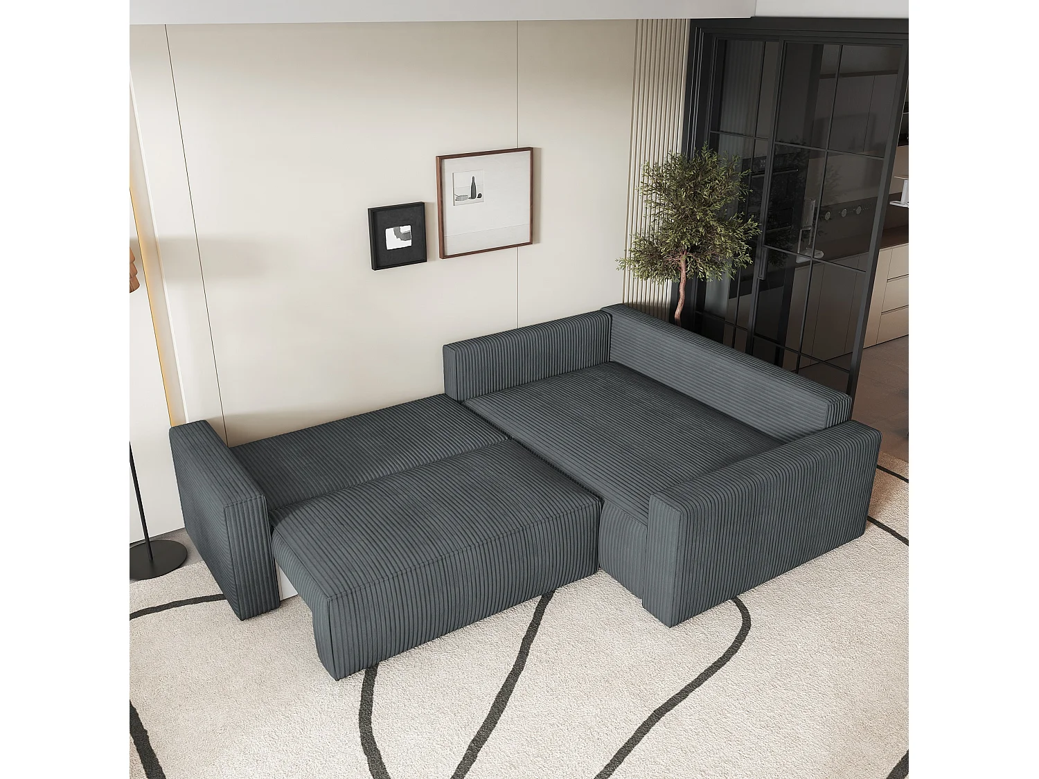 Hoekbank ERONIS van fluweel met slaapfunctie Grau