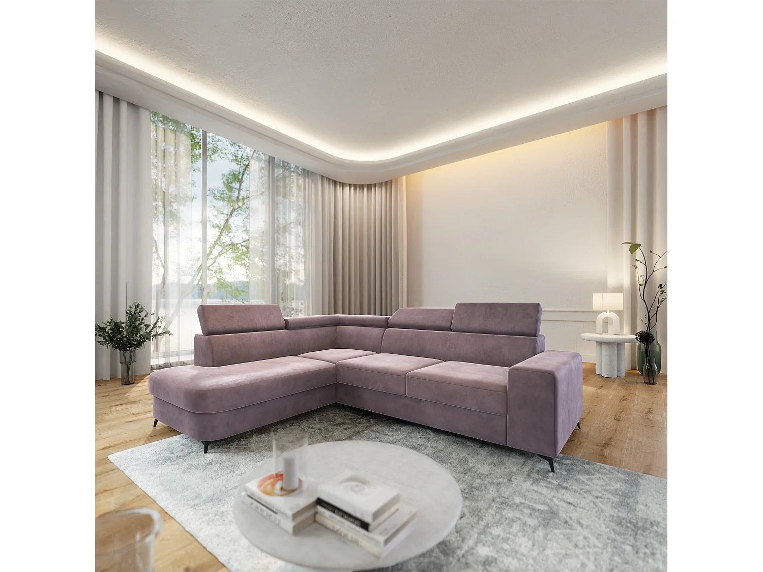 Hoekbank ALVORO van fluweel met slaapfunctie Lila