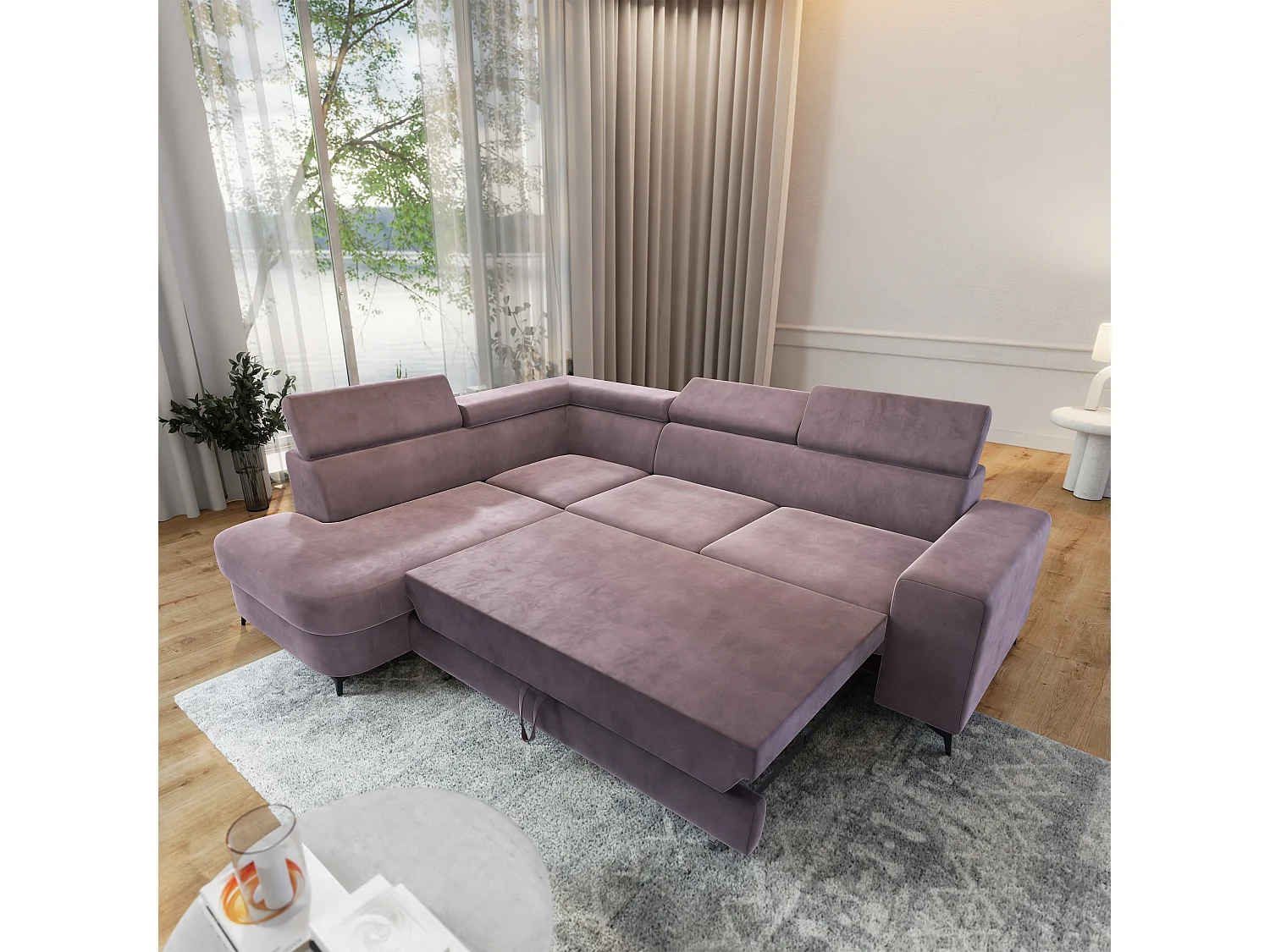 Hoekbank ALVORO van fluweel met slaapfunctie Lila