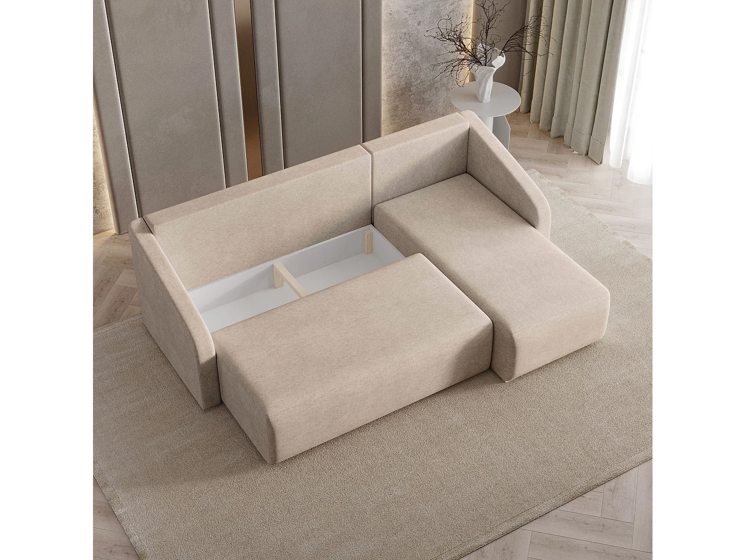 Hoekbank MARELLO van fluweel met slaapfunctie Beige