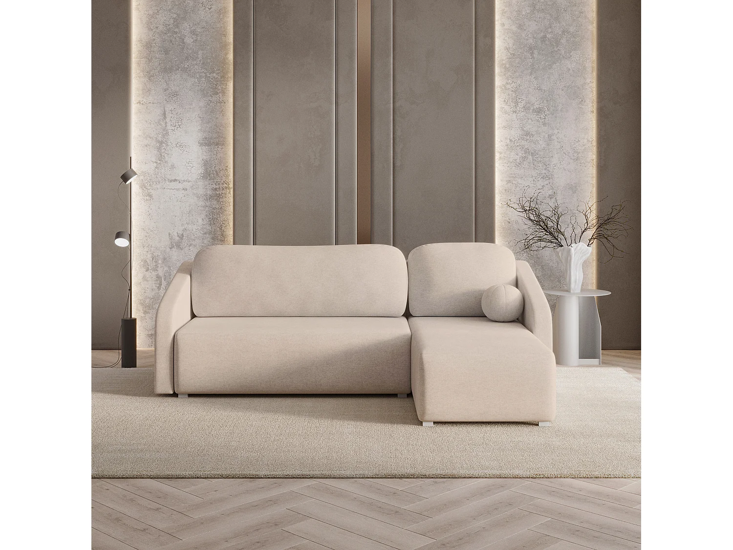 Hoekbank MARELLO van fluweel met slaapfunctie Beige