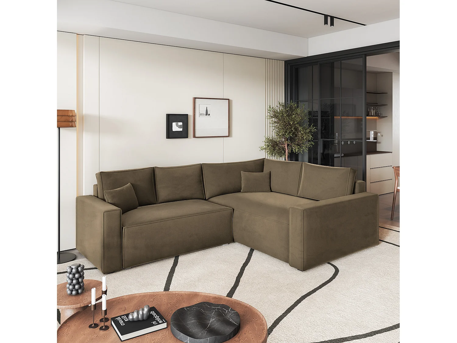 Hoekbank ERONIS van fluweel met slaapfunctie Beige