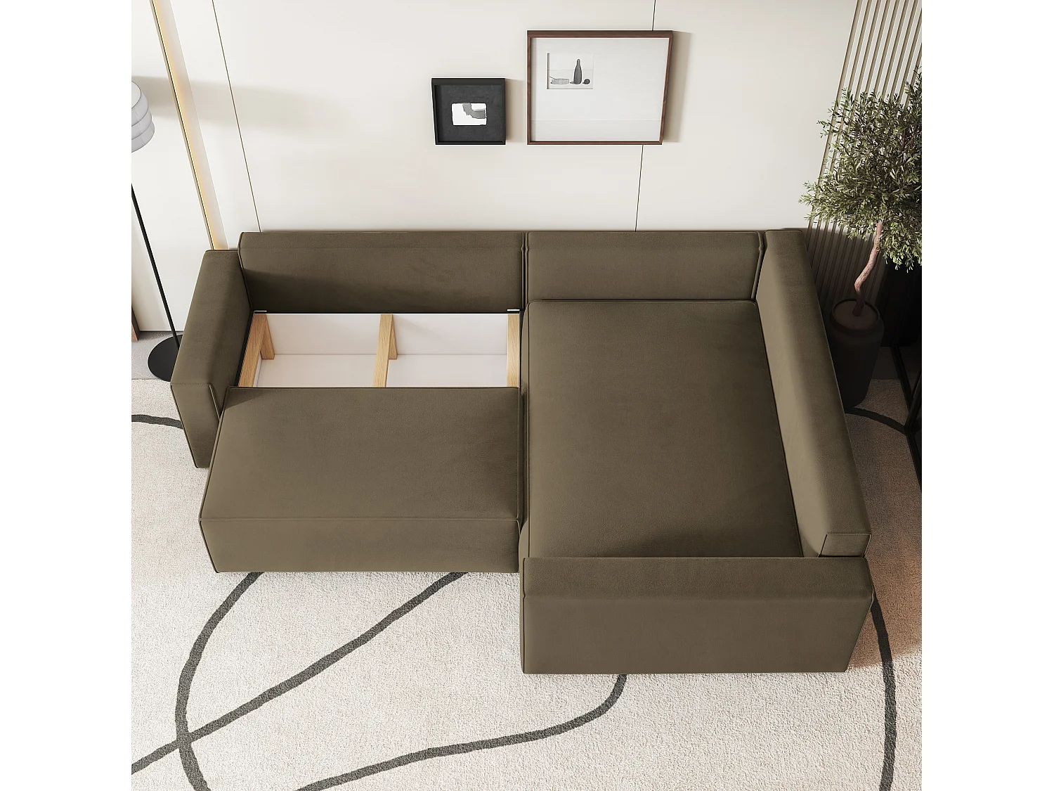 Canapé D'angle Eronis Beige En Velours Avec Fonction De Couchage