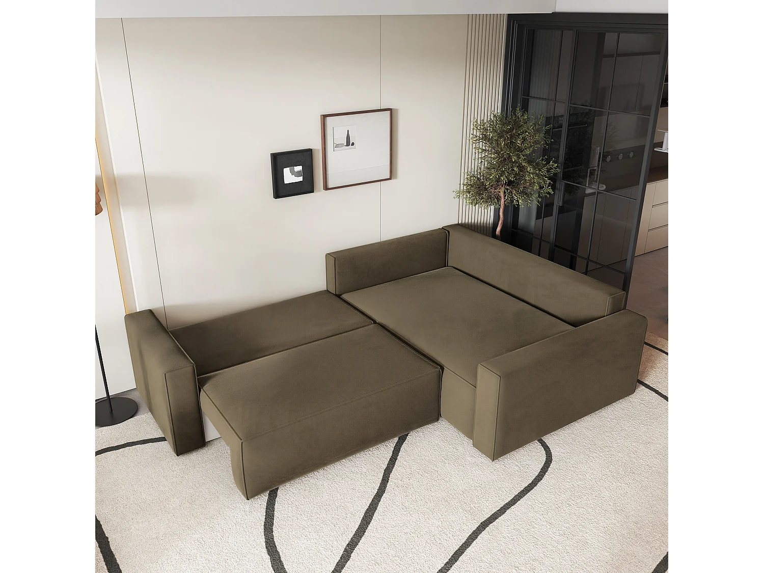 Canapé D'angle Eronis Beige En Velours Avec Fonction De Couchage