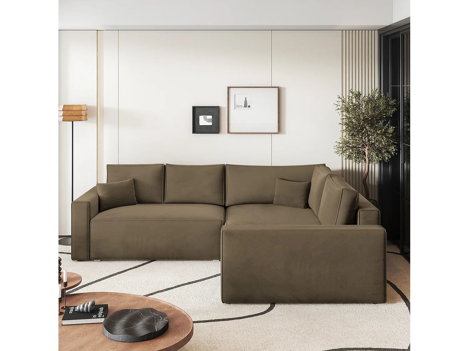 Canapé D'angle Eronis Beige En Velours Avec Fonction De Couchage