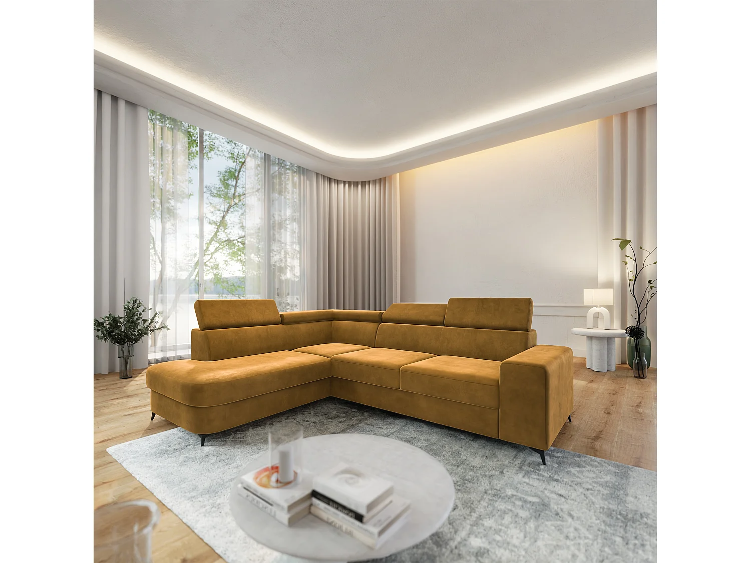 Hoekbank ALVORO van fluweel met slaapfunctie Gelb