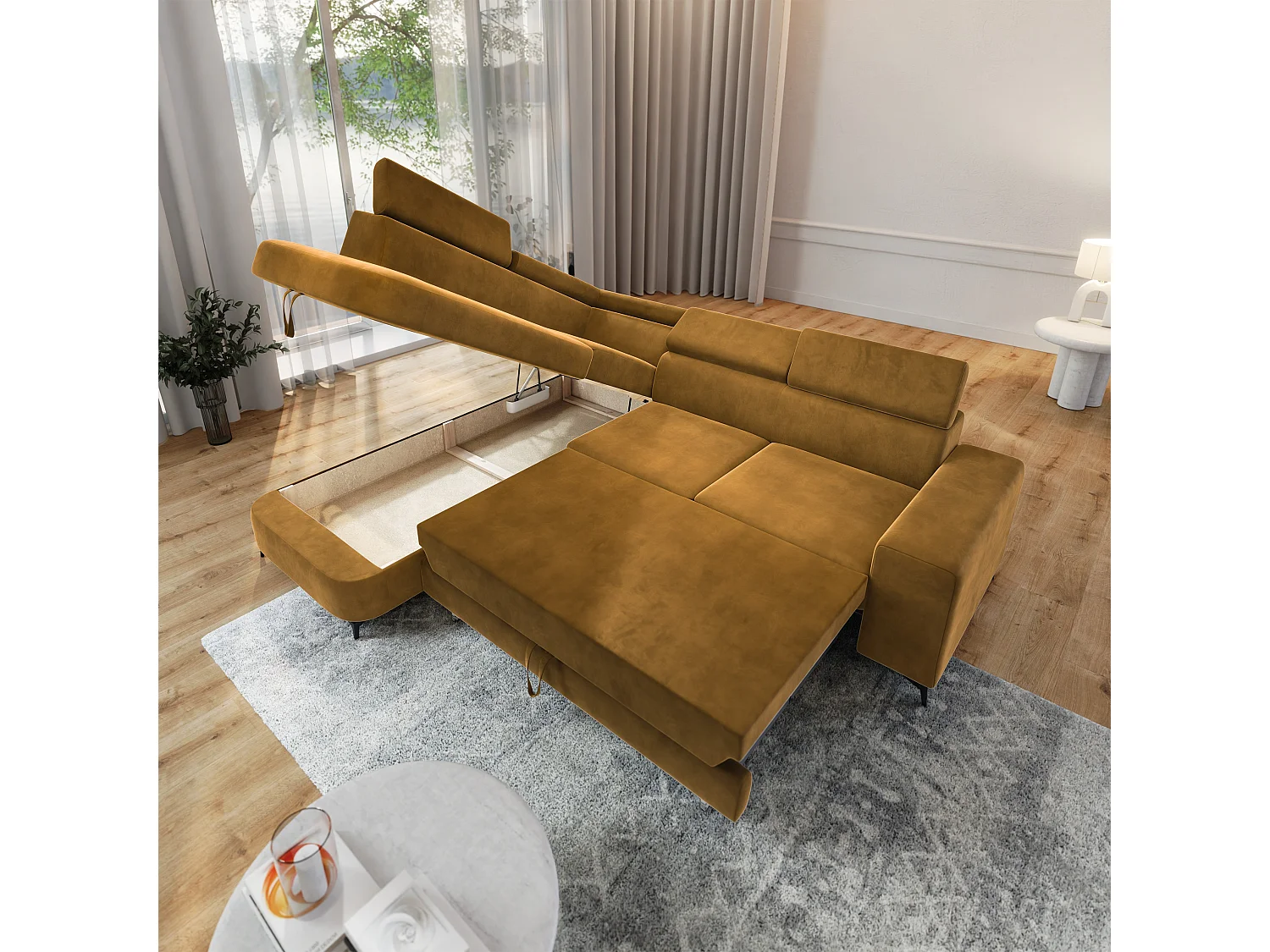 Hoekbank ALVORO van fluweel met slaapfunctie Gelb