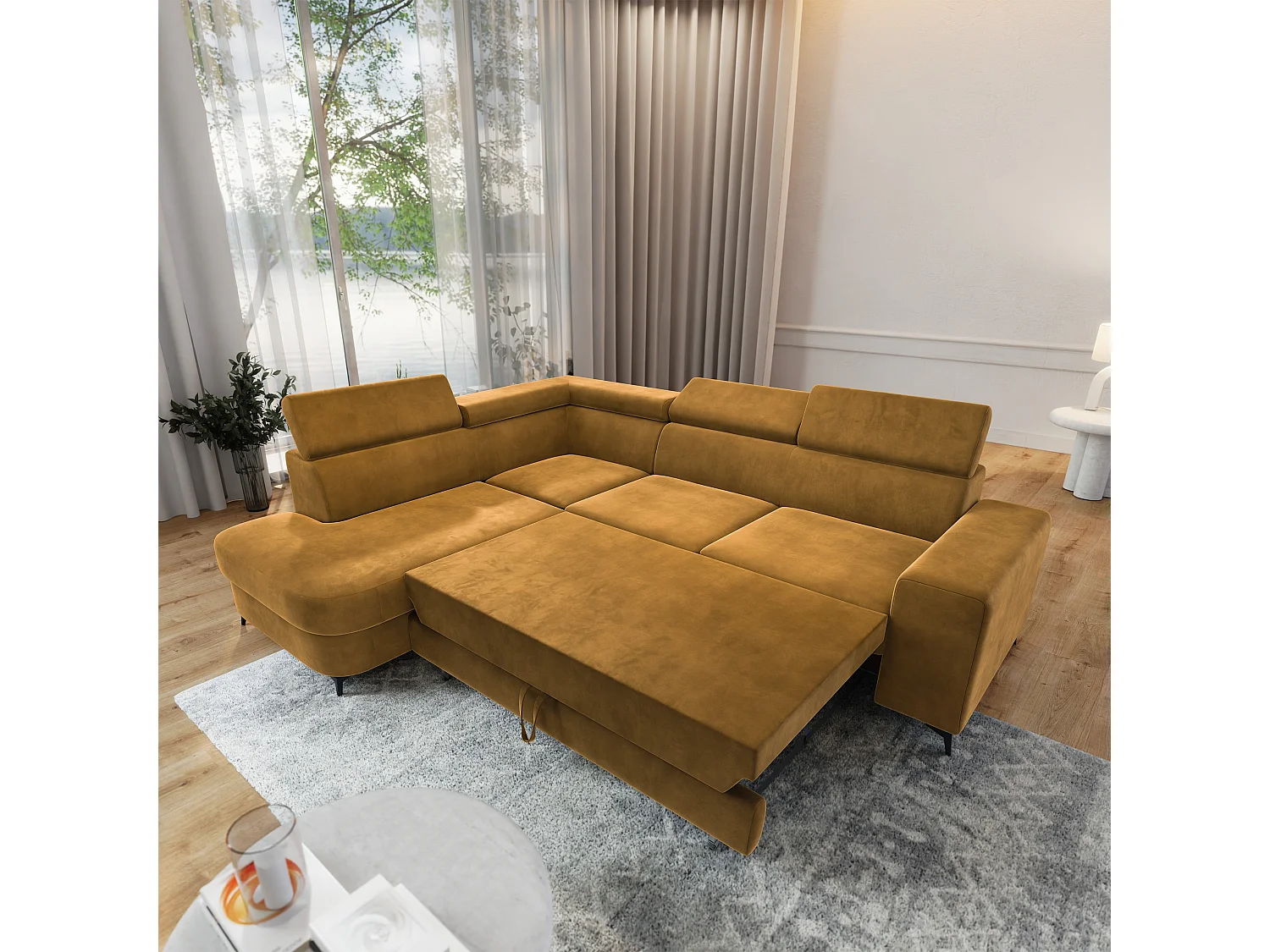 Hoekbank ALVORO van fluweel met slaapfunctie Gelb