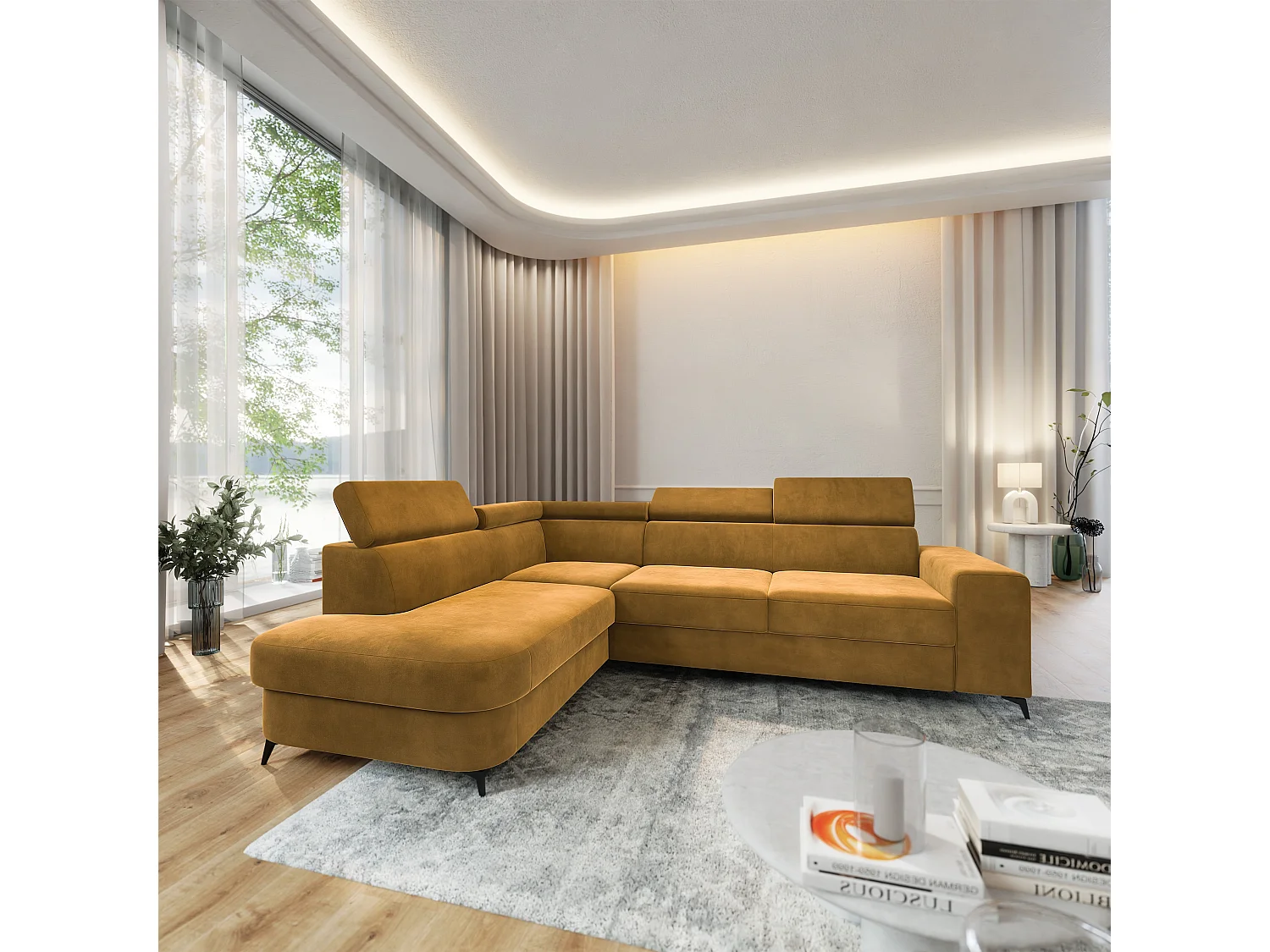 Hoekbank ALVORO van fluweel met slaapfunctie Gelb