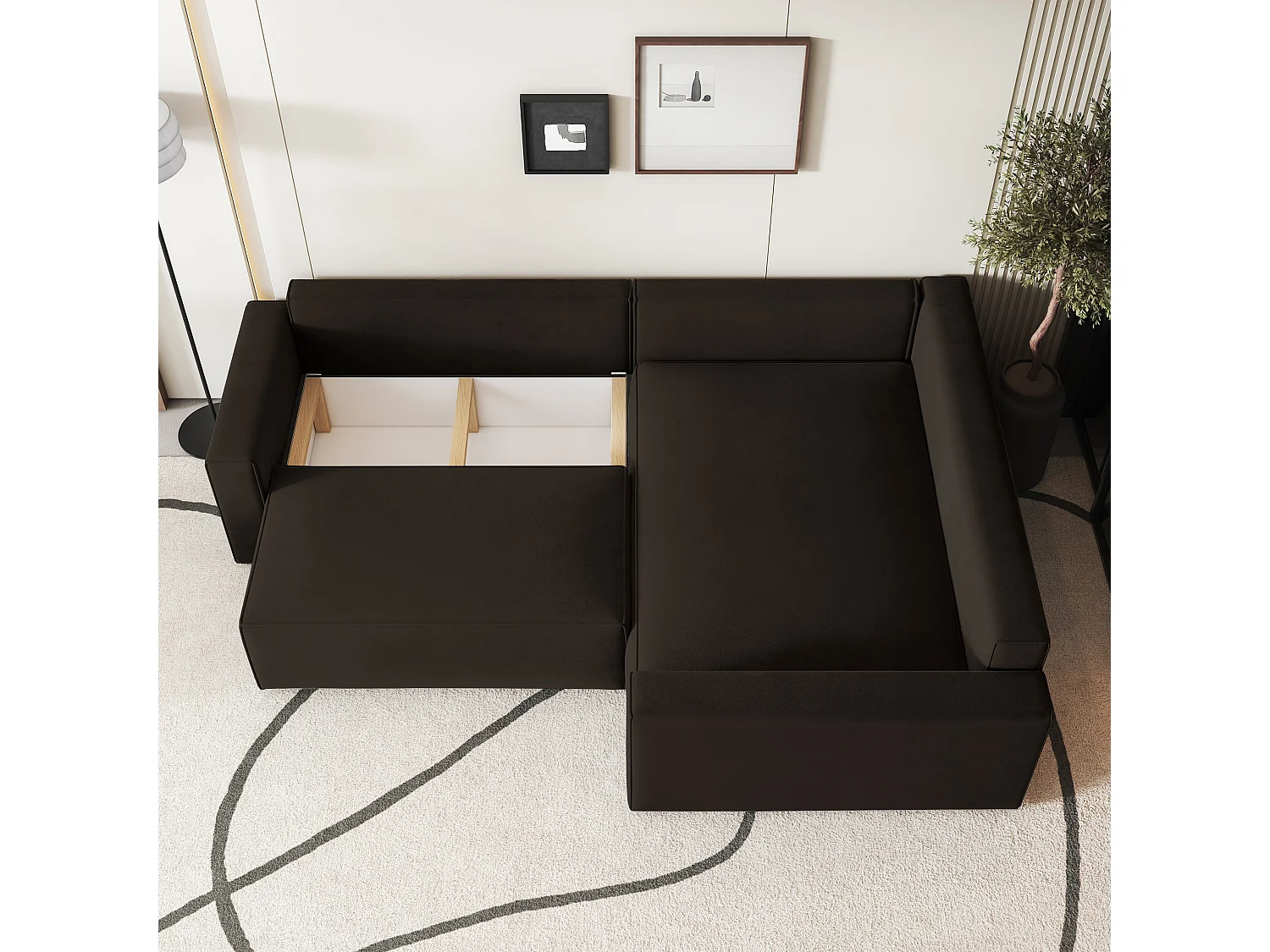 Hoekbank ERONIS van fluweel met slaapfunctie Braun