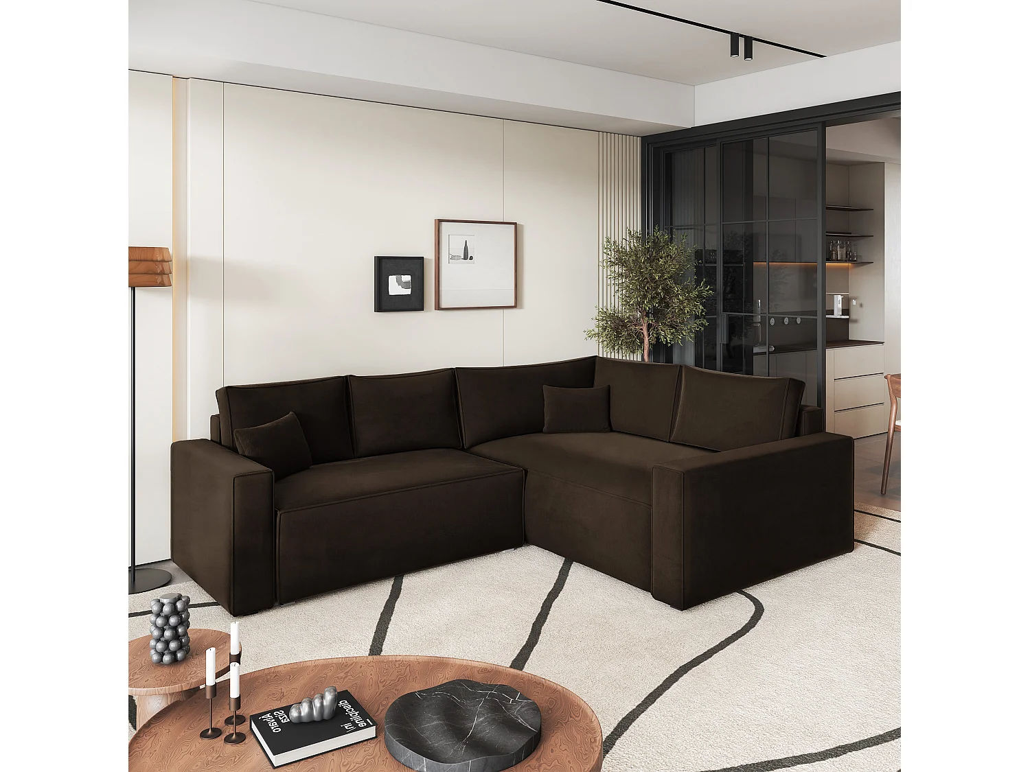 Canapé D'angle Eronis Marron En Velours Avec Fonction De Couchage