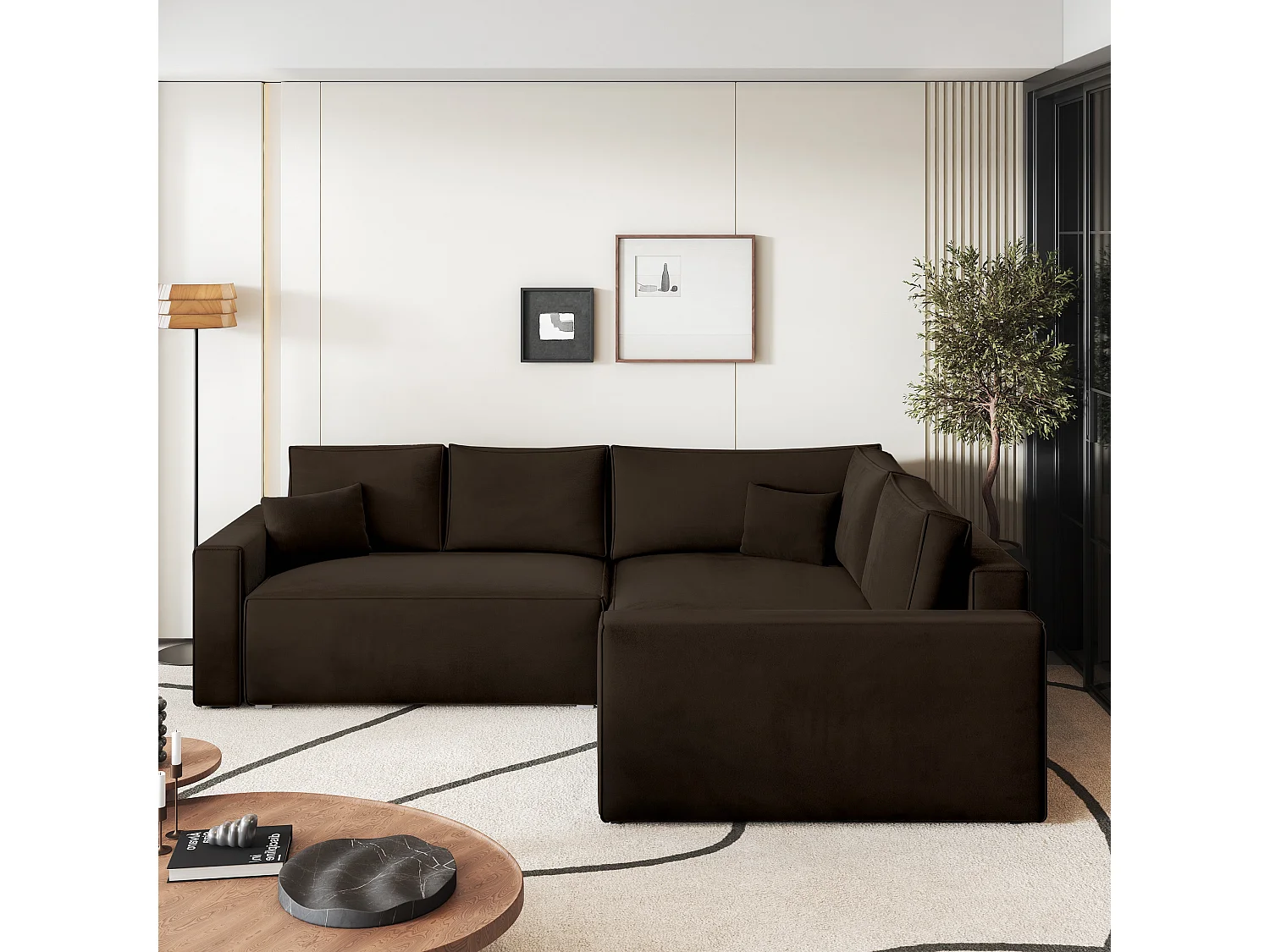 Canapé D'angle Eronis Marron En Velours Avec Fonction De Couchage